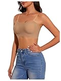 OYOANGLE Women's Scallop Trim Strapless Bandeau Bra Non Slip Padded Wireless Bralettes with Clear Straps Apricot Large