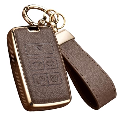 Axtrulix Key Fob Cover for Range Rover with Key Chain Upper Leather + Soft TPU Key Cover Case Shell for Jaguar XE XJ XF Land Rover Sport Velar Evoque Defender Discovery (Brown)