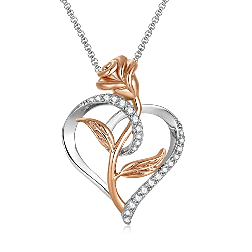 SNZM Collana da donna,Collana con ciondolo a forma di cuore con fiore rosa,Gioielli placcati in oro rosa,Regalo perfetto per migliore amica, amica,moglie, compleanno,con scatola squisita