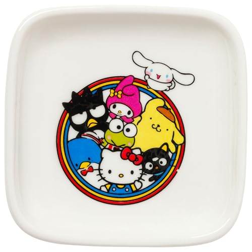 Image of Silver Buffalo Sanrio Hello Kitty and Friends Badtz-Maru, My Melody, Pompompuring, Cinnamoroll, Keroppi, Tuxedo Sam, and Chococat Ceramic Sushi Set with Dipping Sauce Dish and Matching Chopsticks