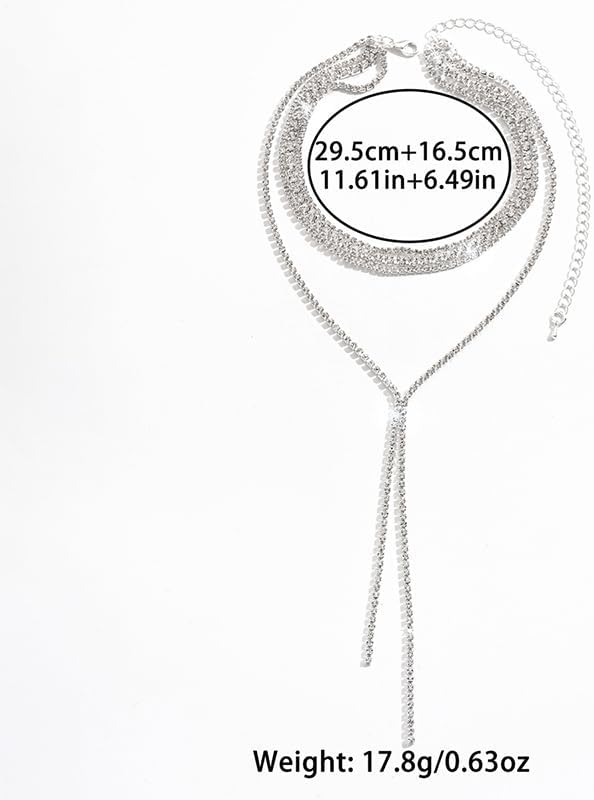 Long Rhinestone Lariat Necklace Silver Black Statement Bling Sparkly Cz Tennis Chain Choker Layered Faux Diamond Y Necklaces Prom Jewelry for Women - Image 2