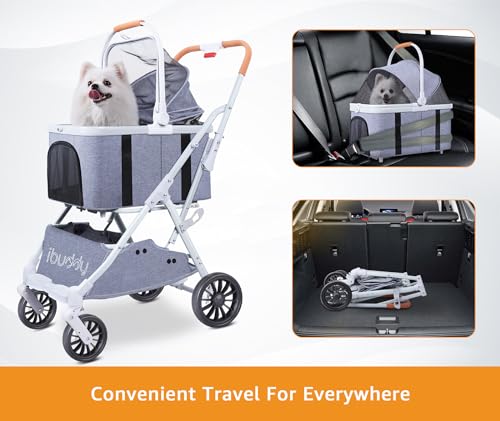 iBuddy Pet Stroller for Dog and Cat 4 in 1 Detachable Pet Travel Carrier & Car Seat, No Zip Entry, Easy One-Hand Fold, Airless Tires, Cup Holder, Waterproof Pee Pad Pet Gear Dog Jogger Stroller - Thumbnail 5
