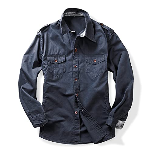 Image of Tianerhay Men's Military Cargo Shirt Cotton Tactical Work Shirt Navy L