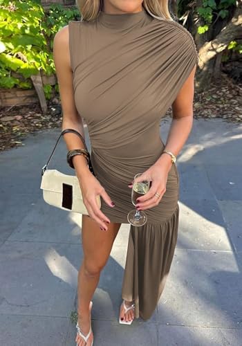 Image of Kwunbwa Women's Sleeveless Ruched Maxi Dress Sexy Irregular Bodycon Casual Elegant Club Party Cocktail Long Dresses