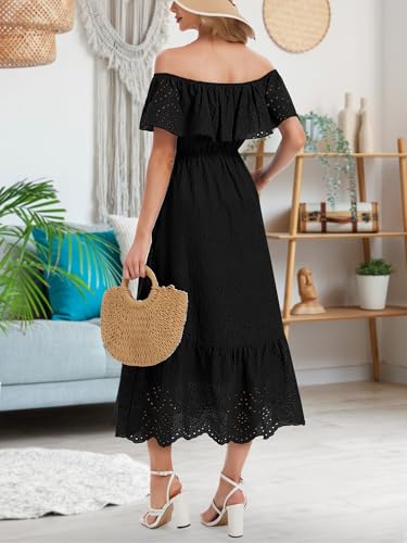 Image of Women's Summer Midi Dress High Waist Off Shoulder Ruffle Short Sleeve Hollow Out A Line Casual Long Dress 2025