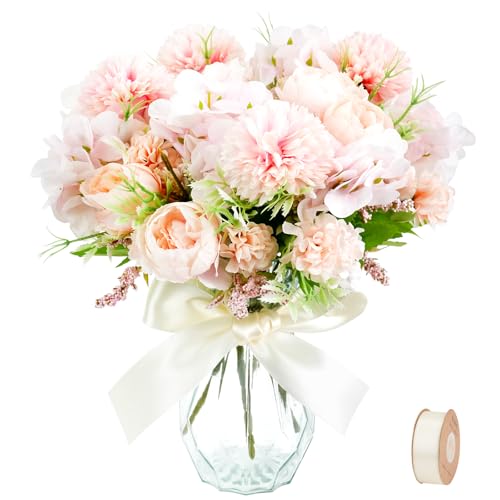 MOAMUN 4Piezas Flores Artificiales Decoracion con Seda, Mezcla Realista Peonía Artificiales Exterior Flores Artificiales, Varias Ramos De Flores para de Boda Mesa Fiesta Nupcial Hogar Oficina(Rosa)