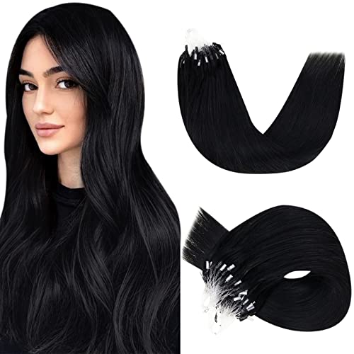 Easyouth Microlink Hair Extensions Human Hair, Micro Beads Hair Extensions Human Hair Black Micro Loop Human Hair Extensions Jet Black Micro Hair Extensions Real Human Hair 18inch 50g 1g/Strand