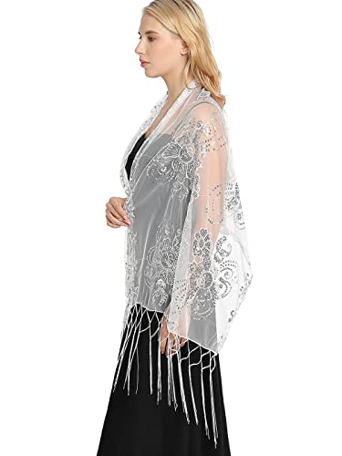HEREAD Sequin Shawls and Wraps for Evening Dresses 1920s Lace Fringe Scarf Sparkly Wedding Accessories for Women and Bride3
