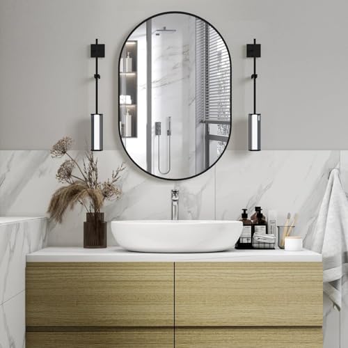 Image of Oval Wall Mirror with Durable Wooden Frame - 24 inchx16 inch (Black) | Modern Decorative Wall Hanging Mirror for Bathroom, Basin, Bedroom, Hostel Room Living Room, Dressing Table