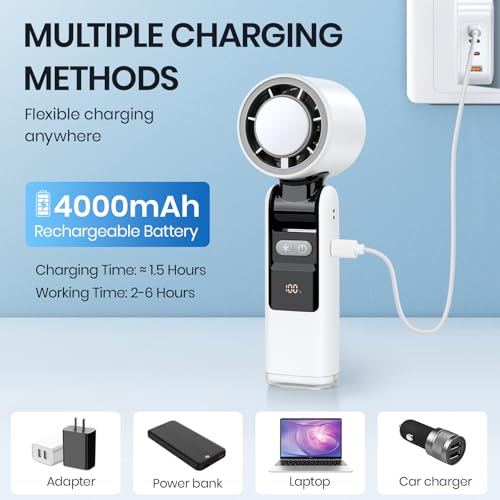 Image of Portable Handheld Cooling Ice Fan, Speed(1-100) Adjustable Mini Turbo Fans, 4000mAh Battery USB Rechargeable Personal Fans, LED Digital Display, 3 IN 1 Foldable Fan for Travel /Camping /Outdoor /Office