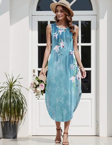Image of Zeagoo Women Floral Summer Casual Beach Printed Tank Dress with Pockets Pleated Front Long Dress