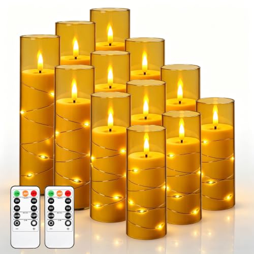 Image of Da by 12 Pack Champagne Flameless Taper Candles, Flickering Black Wick LED Candles with Copper Wire Lights, Heat Resistant ABS with 2 Remotes, Assorted Sizes for Indoor Outdoor Decor