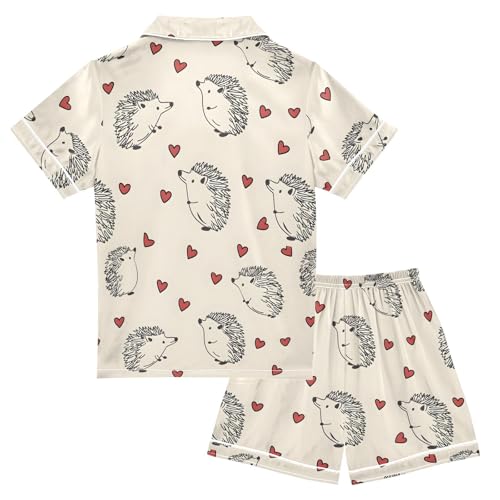 ALAZA Funny Hedgehog Love Heart Satin Pajamas Set Short Sleeve Button Down Sleepwear Summer Pjs 2 Piece2