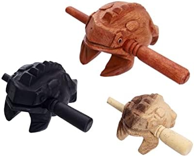 Guiros Percussion Instruments Wooden Frog 3 Piece Set of 4 Inch, 3 Inch, 2.75 Inch, Wooden Frog Musical Instrument (Brown/Black/Natural Color)