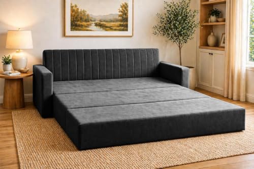 Image of 3 Seater Sofa Cum Bed with Armrest, Velvet Fabric Couch for Living Room, Space Saving Foldable Sleeper Sofa, (Black-Color)