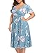 Pinup Fashion Plus Size Blue White Floral Sun Dress Women Wedding Guest Wrap V Neck Short Flutter Sleeves Casual Summer Midi Dresses