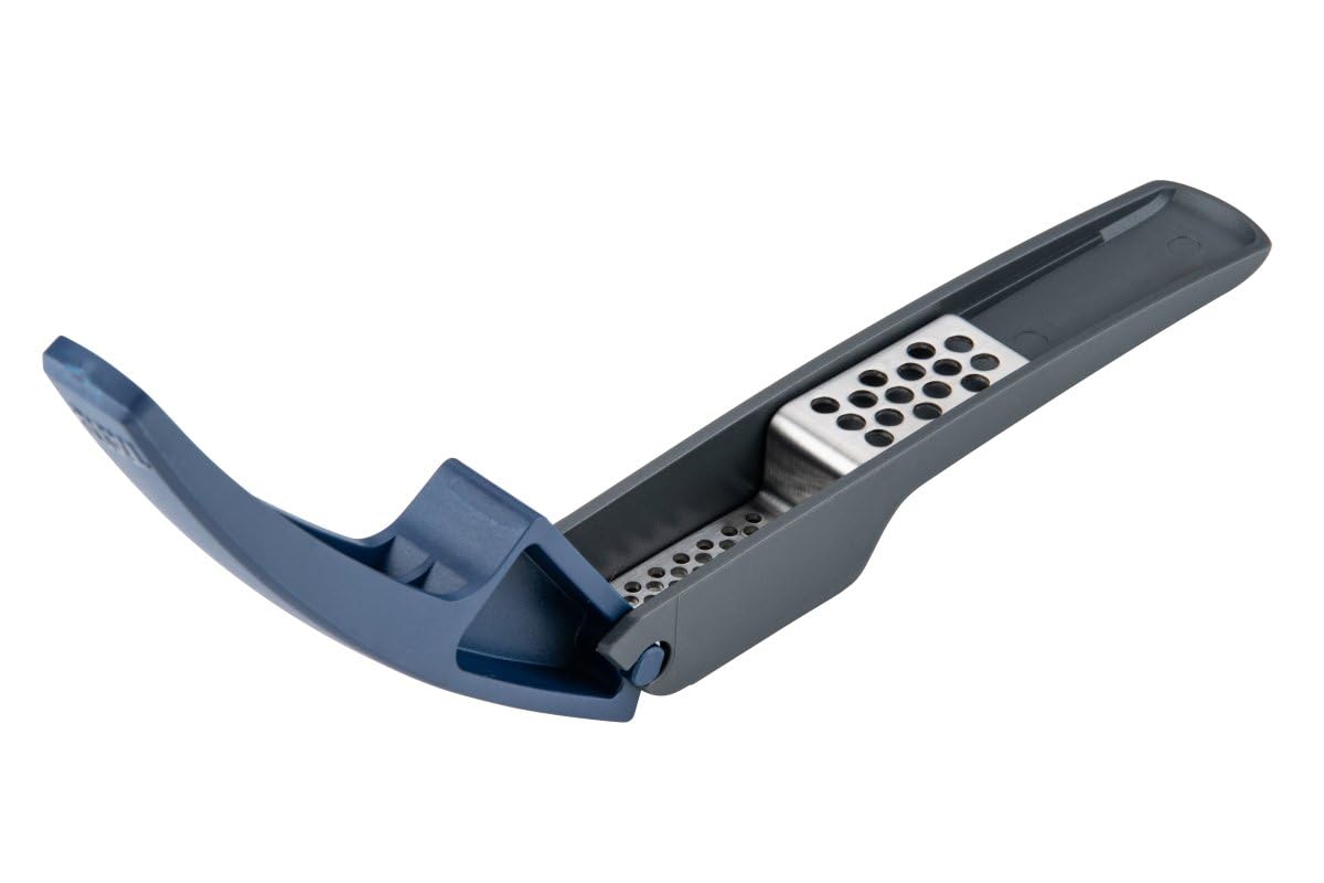 Tasty Premium Garlic Press, 3-Piece – Effortless Pressing, Fine & Coarse Adjustable, 17 x 3 x 4 cm, Plastic & Stainless Steel, Grey/Blue