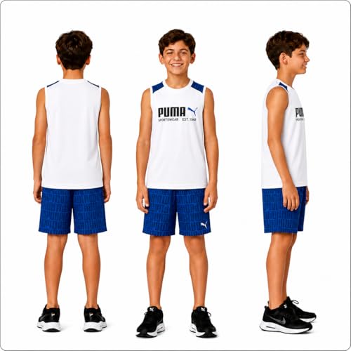 Image of PUMA Active Boys Shorts Set - 2 Piece Dry Fit Sleeveless Basketball Boys Athletic Shirts and Boy Shorts Matching Set (4-16)