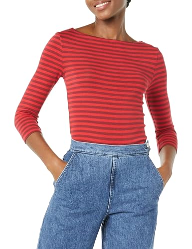 Amazon Essentials Women's Slim-Fit 3/4 Sleeve Boat Neck T-Shirt, Red Burgundy Stripe, Large
