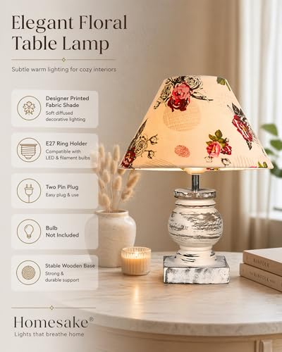 Image of Homesake Small Table Lamp with White Wooden Base, E27 Holder Bedside Night Lamp for Bedroom Living Room, Decorative Study Desk Lamp Office, Warm Ambient Lighting for Home Decor, Gift (Rose)
