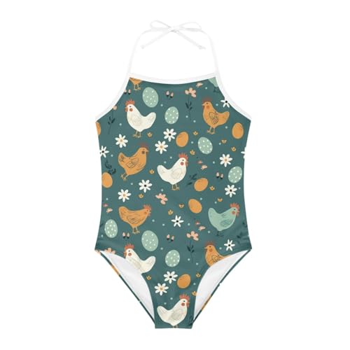 Image of KiuLoam Orange Pink Tropical Leaf Girls One Piece Swimsuit Quick Dry Beach Swim Bathing Suit for 3-8 Years Little Girls