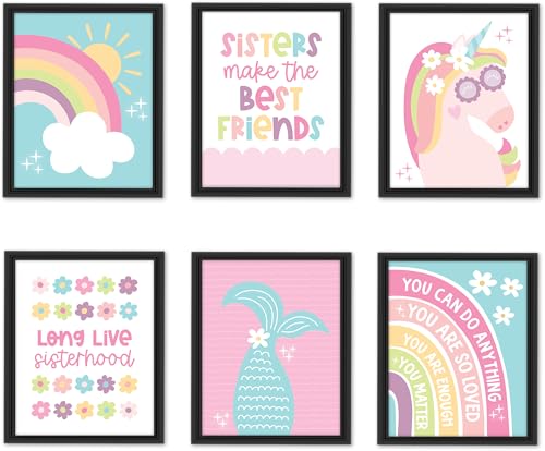 Image of Hadley Designs 6 Colorful Girls Room Wall Art - Mermaid Girls Room Decor for Bedroom, Aesthetic Nursery or Teen Bedroom Art, Unframed Cute Rainbow & Unicorn Posters for Kids' Space, Made in USA