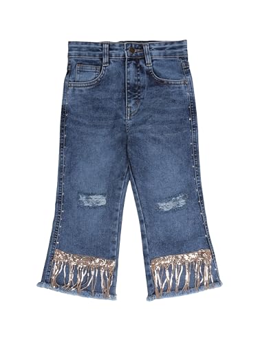 Image of KiddoPanti Girls Bottom Flared Knee Distress Stretchable Denim Jeans with Adjustable Elastic Waist