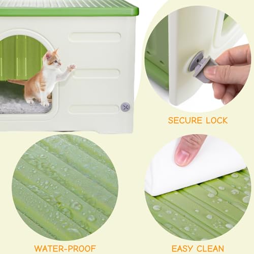 Plastic Cat House Indoor Outdoor, Waterproof Feral Cat Shelter with Mat, Escape Door, Sturdy Large Pet House for Cats, Puppy, Rabbit, Easy Assemble, Green - Image 4