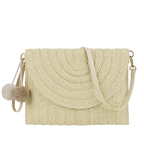 Women Straw Crossbody Handbag Woven Shoulder Bag Summer Beach Envelope Clutch Purse with Pom Poms (Beige)
