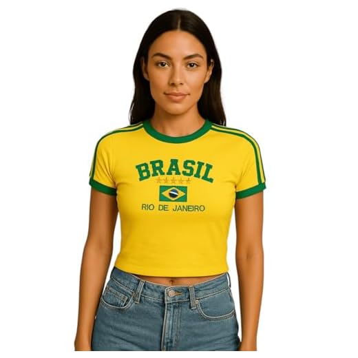 Camisa Brasil Rio de Janeiro, Babylook Feminina, Bordada com Bandeira, 5 Estrelas, Disponível em Preto, Vermelho e Azul Marinho (BR, Alfa, M, Regular, Amarelo)