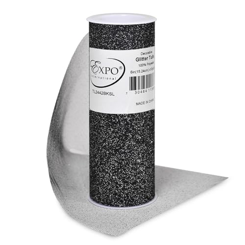 Image of Expo International Decorative Glitter Tulle, Roll /Spool of 6 inch X 10 Yards, Lightweight Polyester Tulle Fabric for Costumes, Wedding, and Party Decorations, Washable, Easy-to-Use, Black /Silver