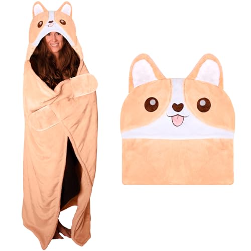 ZQEJEFD Coperta Indossabile con Maniche e Cappuccio, Donna e Uomo, Flanella per Divano, Regalo Compleanno Natale, TV Blanket, Corgi, 168 x 196 cm