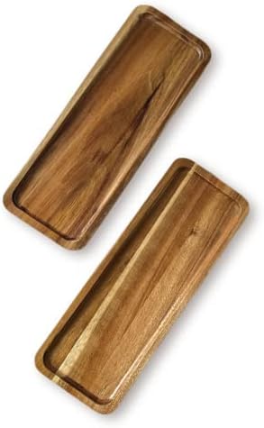 Wood Serving Tray, Wooden Trays,Small Wood Tray Wood Platter for Serving Food Dessert Appetizer Cheese Boards Fruit Cookie Vanity Home Decor Bathroom Tray Set of 2 Acacia 11" x 4"