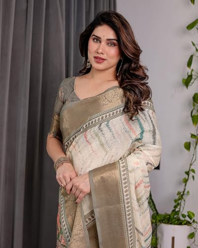 Image of ALMAARI FASHION Handloom Cotton Linen Saree for Women with Floral Printed Design and Tassel Pallu, Traditional Ethnic Lightweight Saree for Daily Office Festive with Blouse Piece