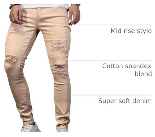 Image of HUNGSON Men's Blue Slim Fit Jeans Stretch Destroyed Ripped Skinny Jeans Side Striped Denim Pants