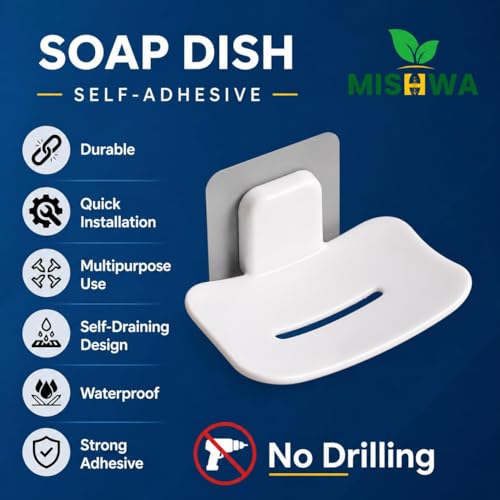 Image of Self-Adhesive Soap Holder for Bathroom (Pack of 2) Wall Mounted No-Drill Soap Stand with Water Drainage | Strong Sticker Plastic Soap Dish for Wash...