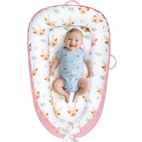 Image of BBWOO Baby Lounger - Baby Lounger for Newborn 0-24 Months, Breathable and Soft Cotton Cover Baby Nest, Portable Cozy Tummy Time Lounger for Home and Travel, Ideal Baby Essentials & Shower Gifts