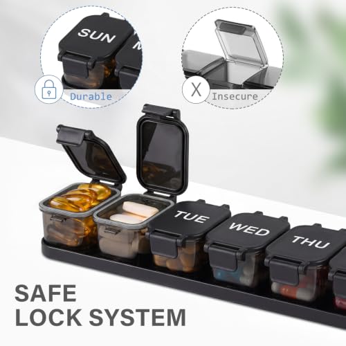 Image of Yaklim Extra Large Weekly Pill Organizer - Waterproof 7-Day Pill Box, Portable Vitamin & Supplement Case, Easy to Open Design, Ideal for Travel and Daily Medication Management (BlackPurple, 2 Packs)