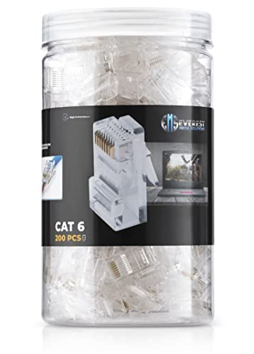 Everest Media Solutions RJ45 Cat6 Pass Through Connectors - Pack of 200 - EZ to Crimp Modular Plug for Solid or Stranded UTP Network Cable - Male Ethernet Connector End