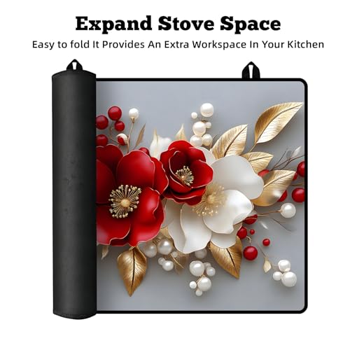 Image of Multi-Design Stove Cover for Glass /Electric Stoves - 3-in-1 Heat-Resistant Protector Mat, Non-Slip Drying Rack 28 inchx20 inch (3D Flowers)