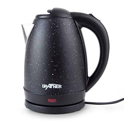 Grafner Edelstahl Wasserkocher, 2200 Watt, 1,7 Liter, massiver Korpus, verdecktes Edelstahl- Heizelement, 360° Basis, BPA-frei, Überhitzungsschutz Trockenlaufschutz gesprenkelt gepunktet schwarz