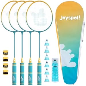 JOY SPOT! Federball Schläger Set of 4, Leichter Badminton Schläger Set mit Tragetasche für Indoor Outdoor, 6 Federbälle & 4 Ersatz-Griffbänder, Sportspiel für Erwachsene & Anfänger