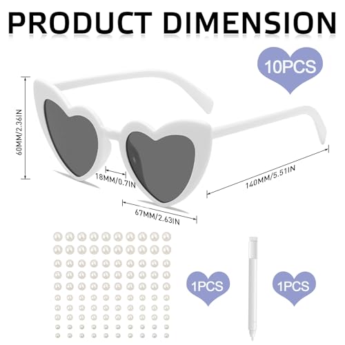 YISZCXIAK Herz Sonnenbrille Partybrille Set Herzform Brille JGA Brillen Herzbrille mit Stift Hippie Herzförmige Brille Herzchen Brille für Party Hochzeit Halloween 10 Stück (Weiß)