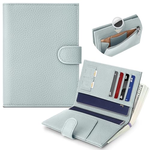 Genuine Leather Passport Holder with AirTag