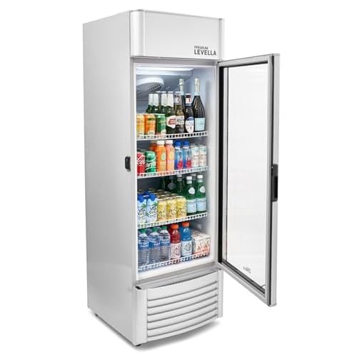 PremiumLevella PRF90DX Glass Door Display Refrigerator 9.0 cu ft Commercial Beverage Cooler Merchandiser With Customizable Lightbox – Silver
