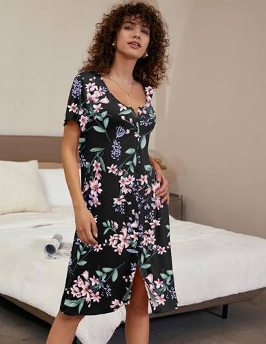 Image of Ekouaer Women Nightshirts Button Down Nightgown Sleep Shirt Short Sleeve Night Shirts Pajama Dress