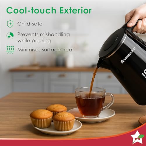 Image of Wonderchef Onyx Cool-touch Digital Kettle, 1.8 L, Stainless-steel Interior, 1350W, Choose from 4 Temperature Modes, Rapid Boiling in 5 Mins for Tea, Coffee, Instant Food, Auto Shut-off, 2-Yr Warranty