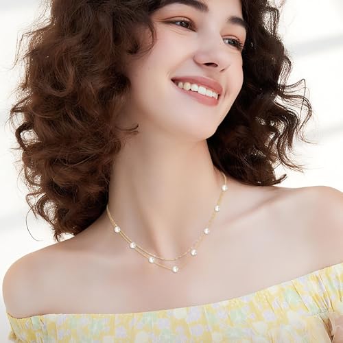 14K Gold Freshwater Cultured Pearl Chain Layered Necklaces for Women, 14 Karat Gold Jewelry Gifts for Her, 15-18 Inches2