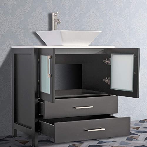 Vanity Art 30 Inch Single Sink Bathroom Vanity Set 1 Shelf 2 Dove-Tailed Drawers Quartz Top And Ceramic Vessel Sink Bathroom Cabinet With Free Mirror Va3130-E #TOP6