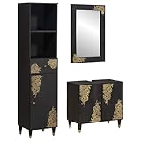 Mokuyary Badezimmerschrank-Set mit Tür 3 Stück Schwarz Massivholz Mango, Badkommode für Badezimmer, Küche, Wohnzimmer, Flur